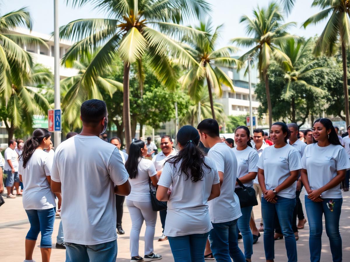 Voluntários reunidos em praça pública